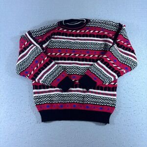 Vintage Lightning Bolt Sweater Mens Large Red Black Geometric Knit Crewneck 90s